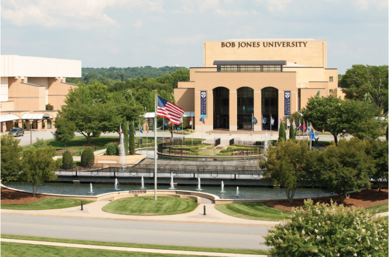 American flag in front of the Bob Jones University campus